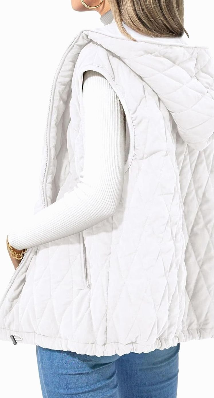 Women's Quilted Hooded Gilet Zip-Up Sleeveless Puffer Vest - White