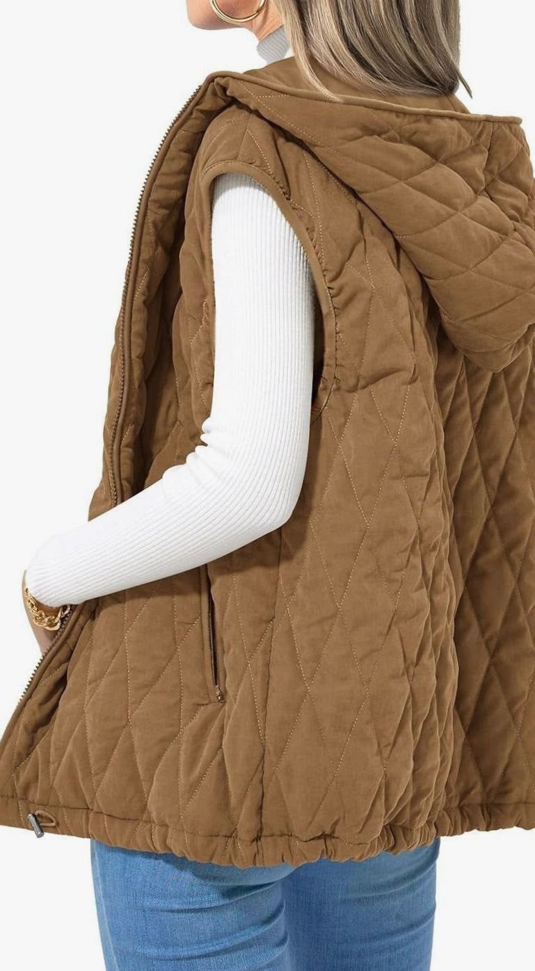 Women's Quilted Hooded Gilet Zip-Up Sleeveless Puffer Vest - Beige