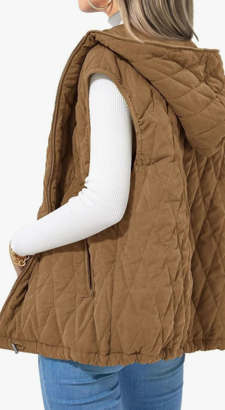 Women's Quilted Hooded Gilet Zip-Up Sleeveless Puffer Vest - Beige