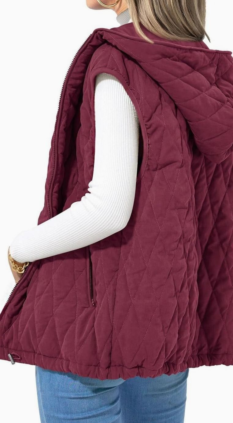 Women's Quilted Hooded Gilet Zip-Up Sleeveless Puffer Vest - Magenta