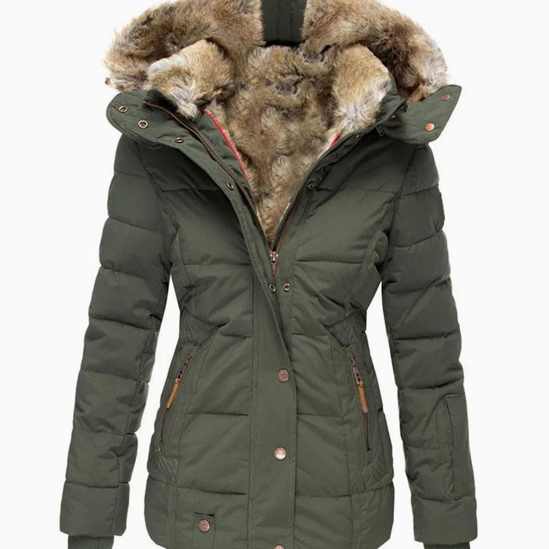 Women's Quilted Puffer Jacket Faux Fur Hooded Winter Coat - Green