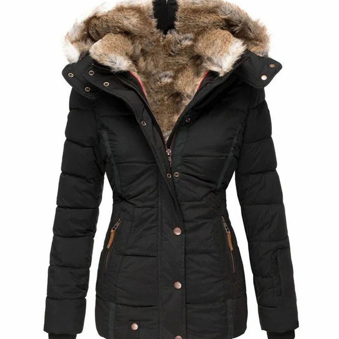 Women's Quilted Puffer Jacket Faux Fur Hooded Winter Coat - Black