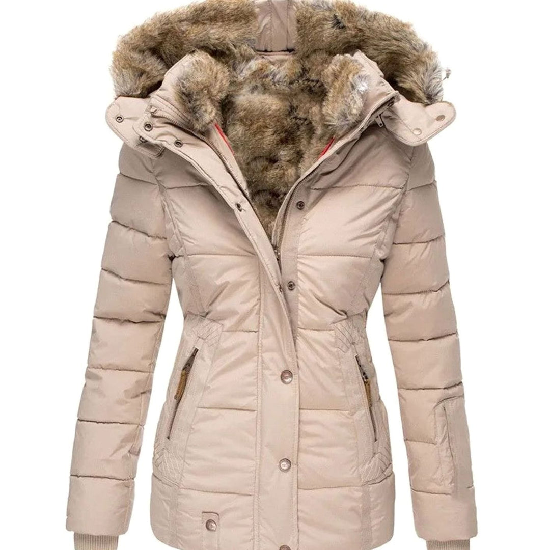 Women's Quilted Puffer Jacket Faux Fur Hooded Winter Coat - Beige