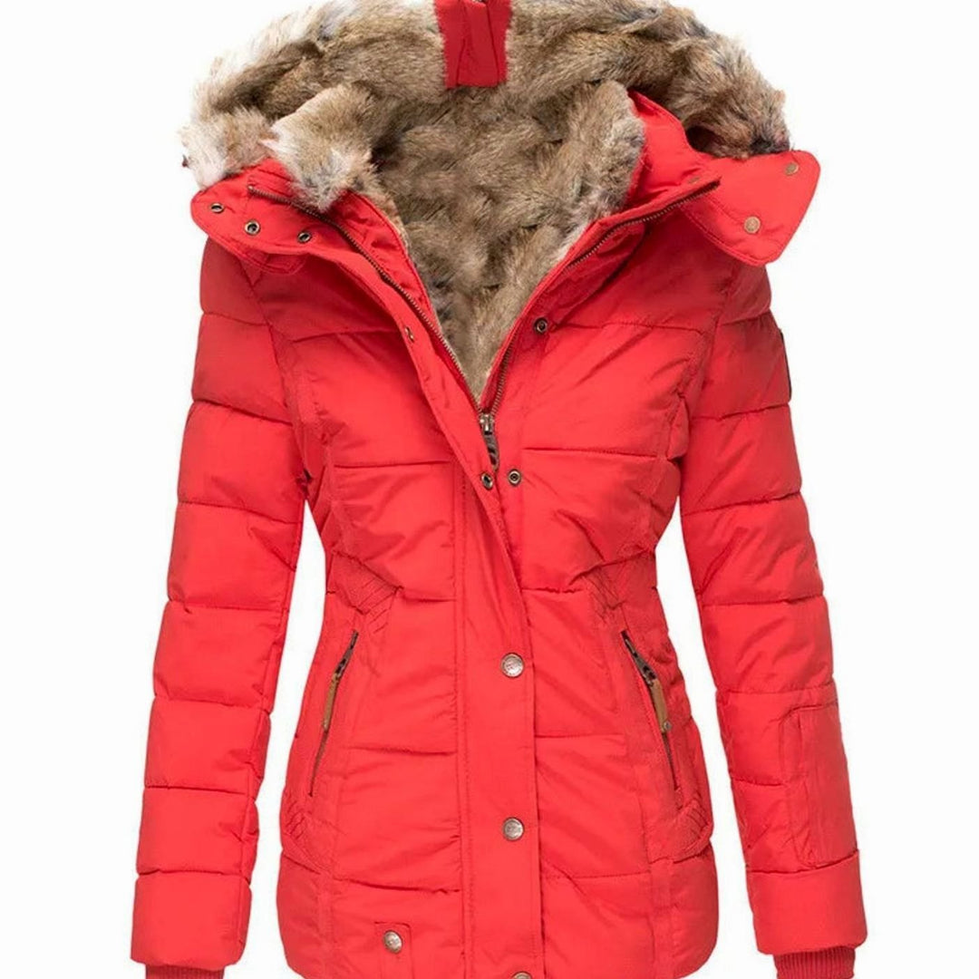 Women's Quilted Puffer Jacket Faux Fur Hooded Winter Coat - Red