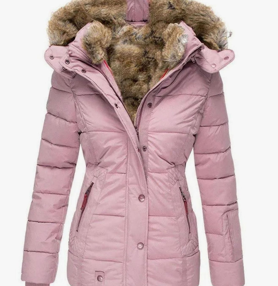 Women's Quilted Puffer Jacket Faux Fur Hooded Winter Coat - Pink