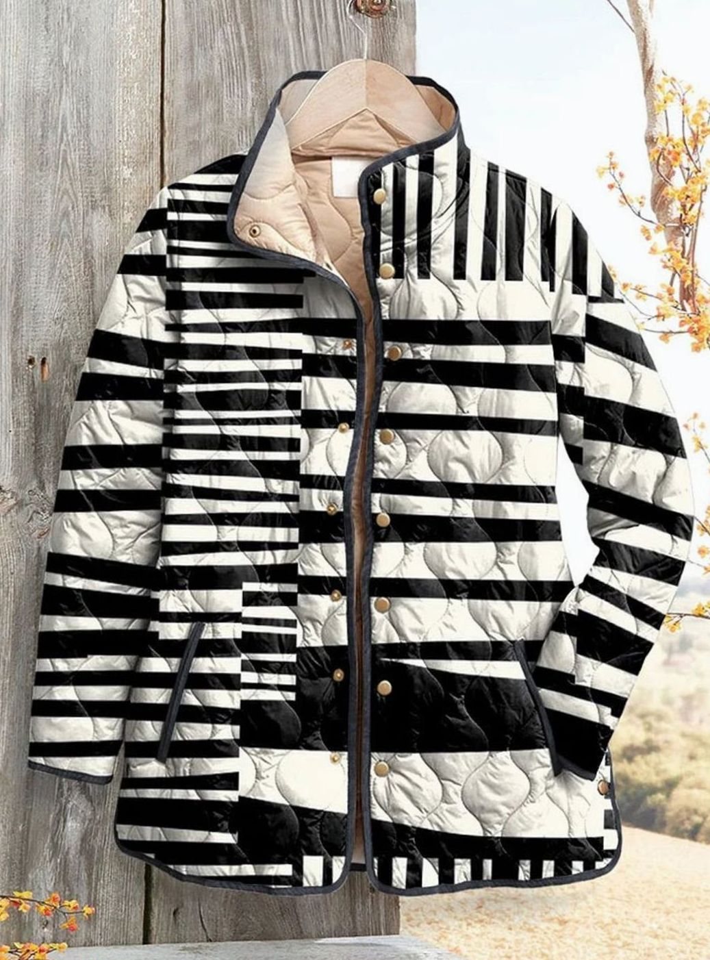 Women's Quilted Striped Abstract Casual Zip-Up Jacket - Multicolour