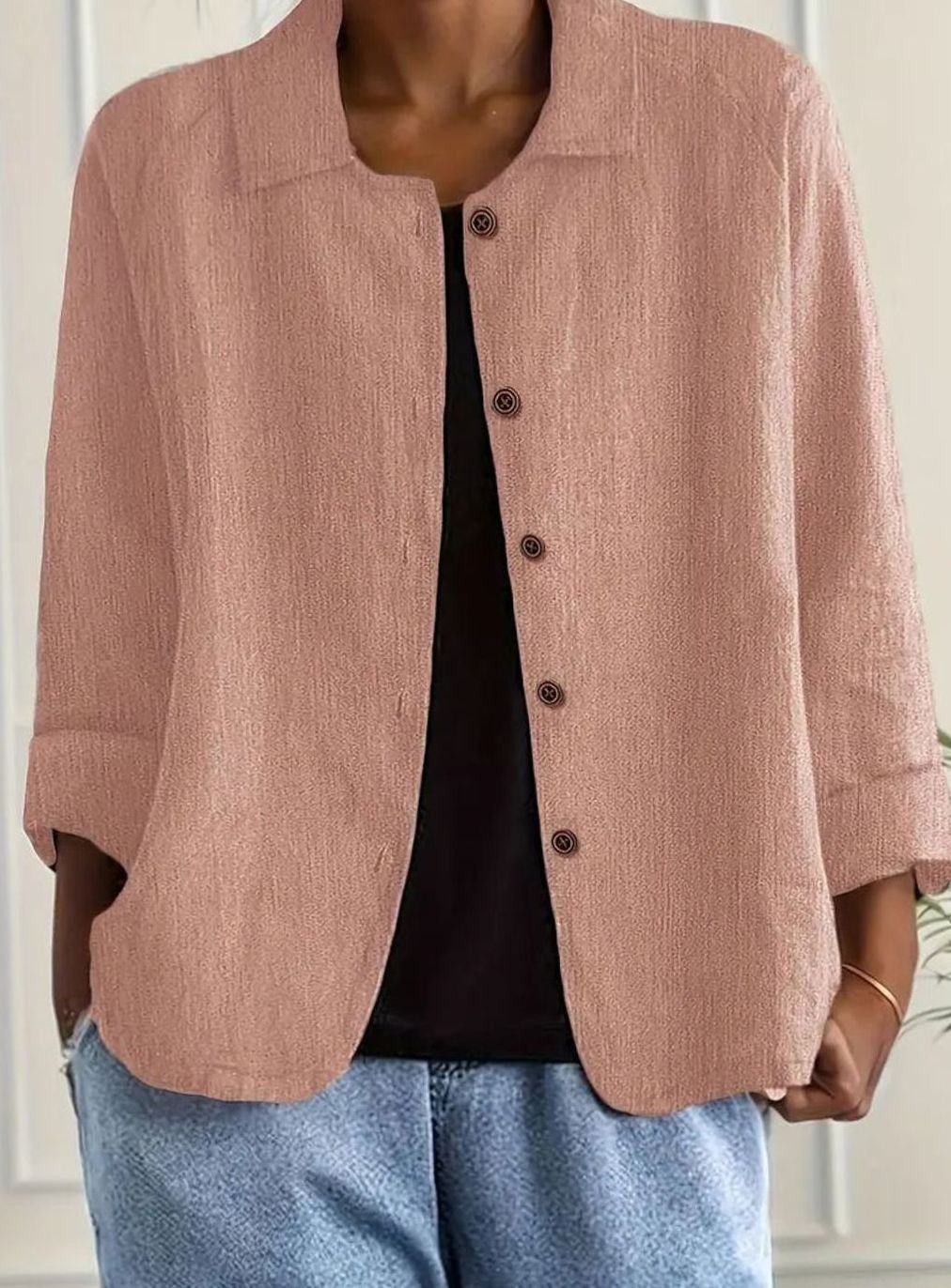 Women's Relaxed Collared Button-Front Three-Quarter Sleeve Shirt - Pink
