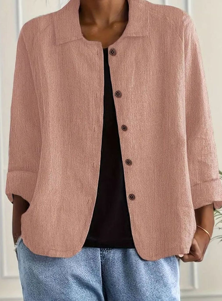 Women's Relaxed Collared Button-Front Three-Quarter Sleeve Shirt - Pink