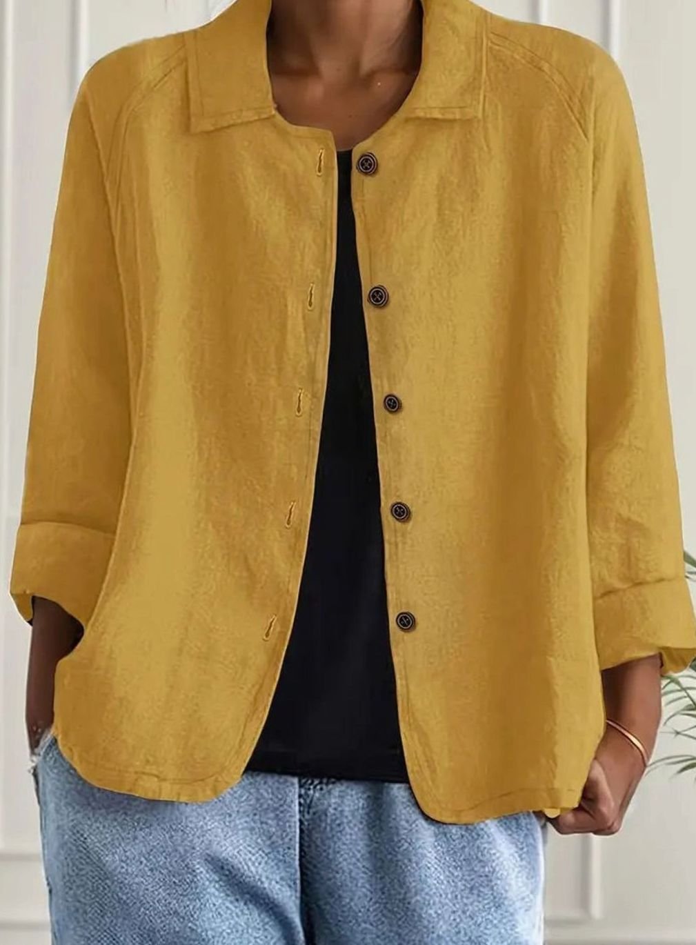 Women's Relaxed Collared Button-Front Three-Quarter Sleeve Shirt - Yellow