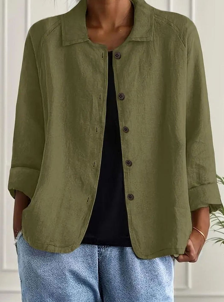Women's Relaxed Collared Button-Front Three-Quarter Sleeve Shirt - Olive Green