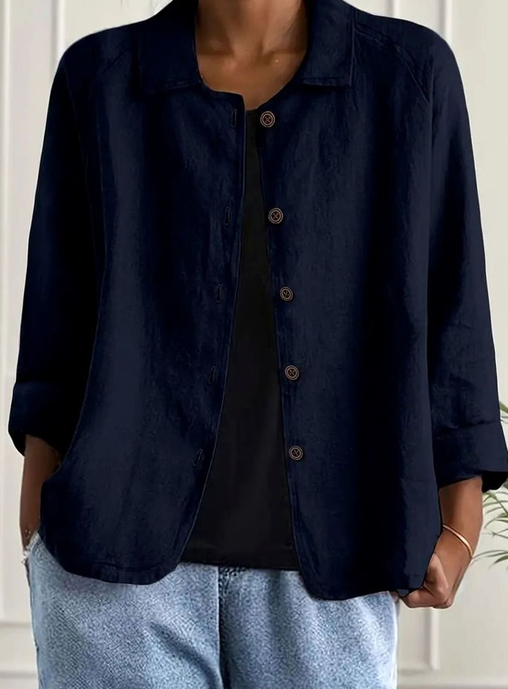 Women's Relaxed Collared Button-Front Three-Quarter Sleeve Shirt - Dark Blue