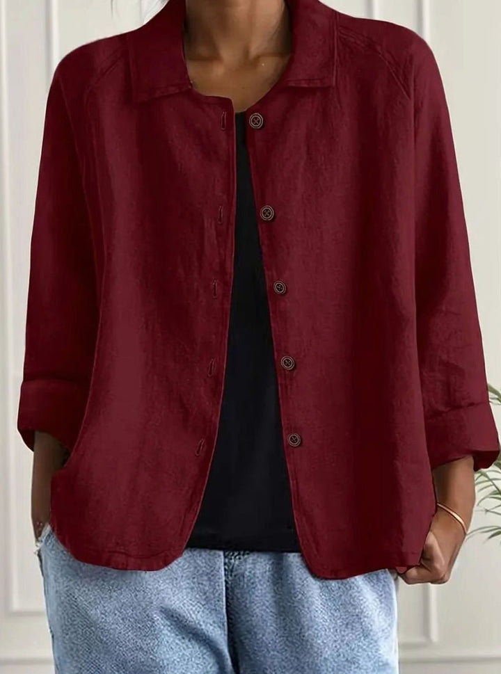 Women's Relaxed Collared Button-Front Three-Quarter Sleeve Shirt - Red