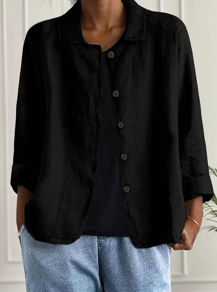 Women's Relaxed Collared Button-Front Three-Quarter Sleeve Shirt - Black