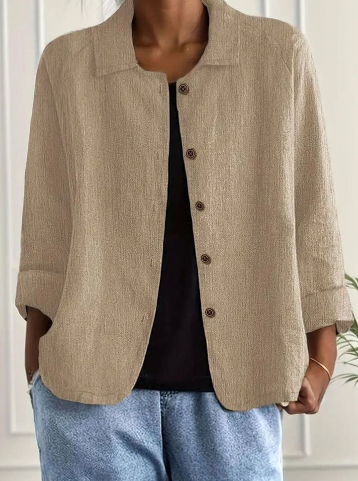 Women's Relaxed Collared Button-Front Three-Quarter Sleeve Shirt - Beige