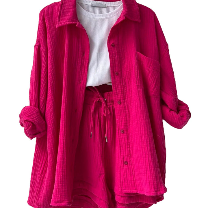 Women's Relaxed Cotton Collared Shirt Loungewear Co-ord Set - Pink