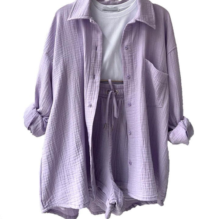 Women's Relaxed Cotton Collared Shirt Loungewear Co-ord Set