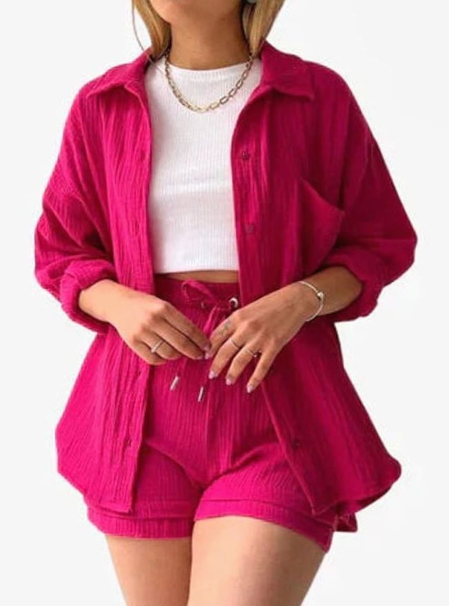 Women's Relaxed Cotton Collared Shirt Loungewear Co-ord Set