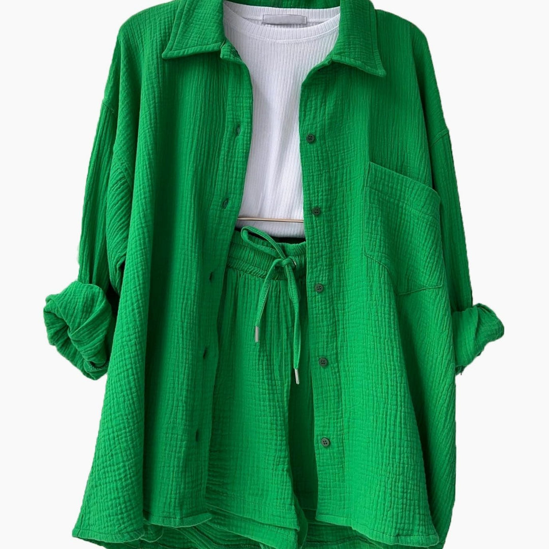 Women's Relaxed Cotton Collared Shirt Loungewear Co-ord Set - Green