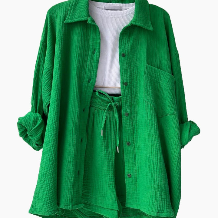 Women's Relaxed Cotton Collared Shirt Loungewear Co-ord Set - Green