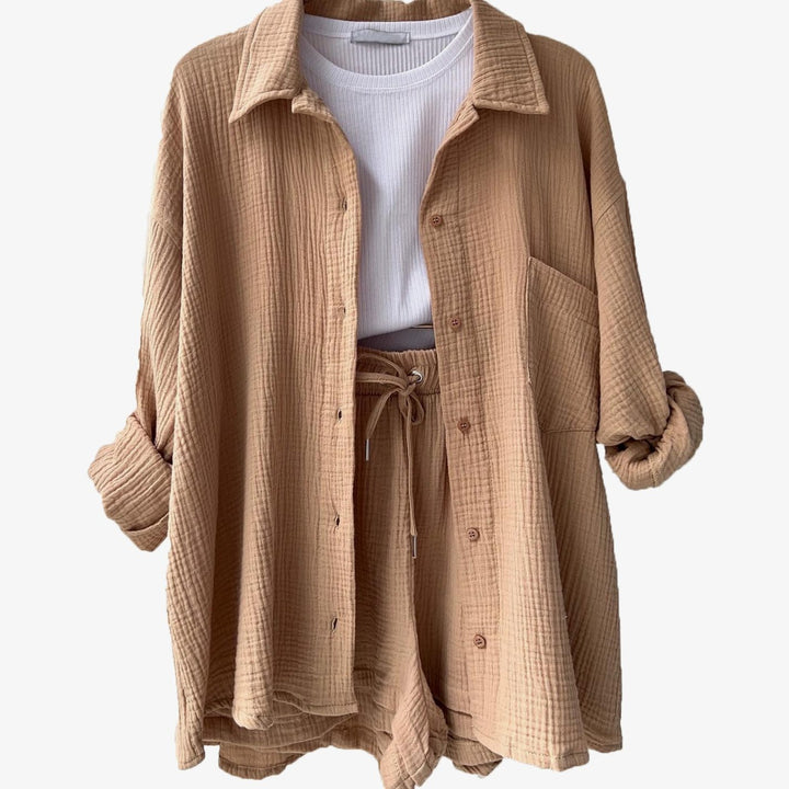 Women's Relaxed Cotton Collared Shirt Loungewear Co-ord Set - Khaki