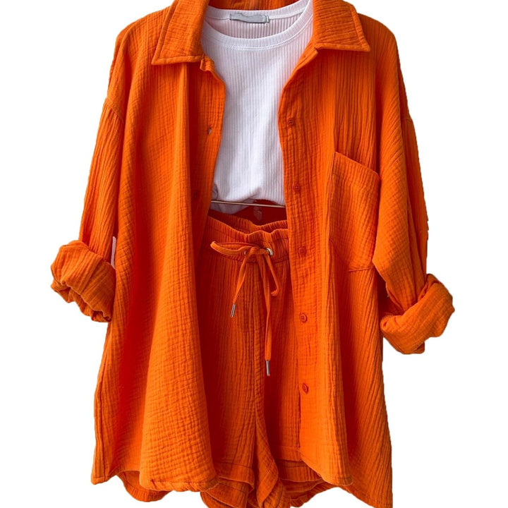 Women's Relaxed Cotton Collared Shirt Loungewear Co-ord Set - Orange