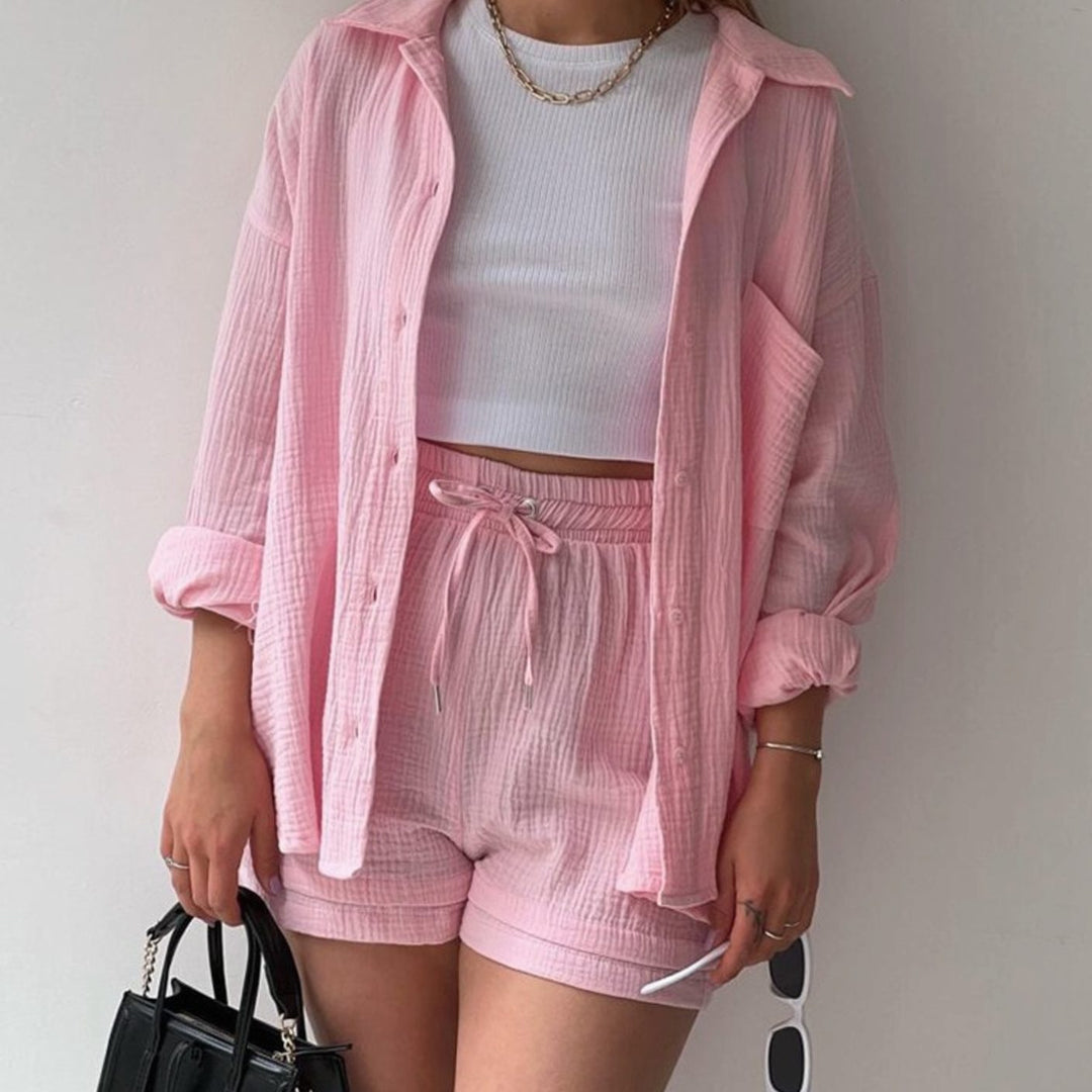 Women's Relaxed Cotton Collared Shirt Loungewear Co-ord Set - Light Pink
