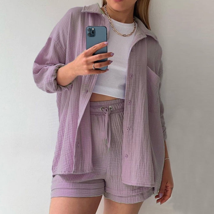 Women's Relaxed Cotton Collared Shirt Loungewear Co-ord Set - Lilac