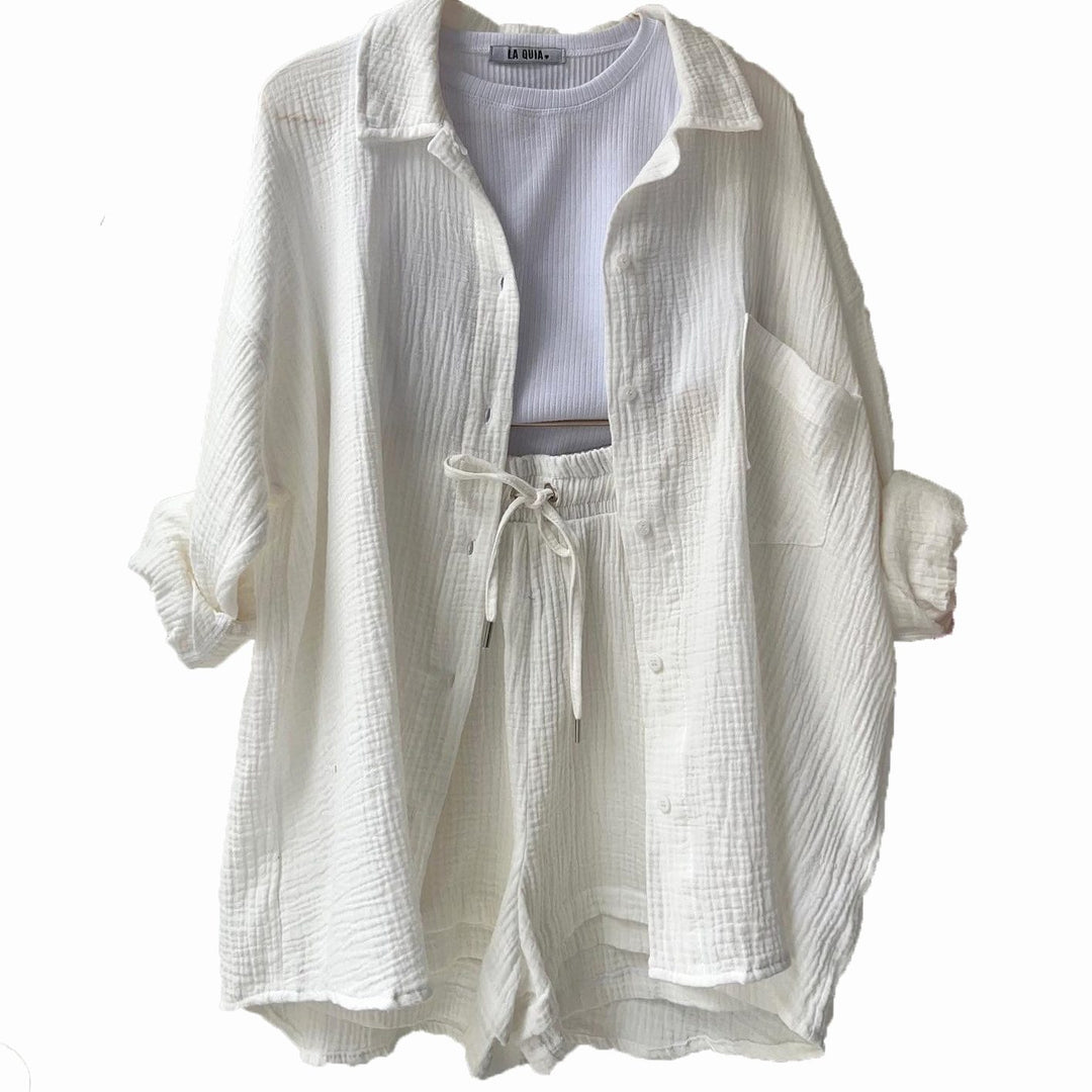 Women's Relaxed Cotton Collared Shirt Loungewear Co-ord Set - White