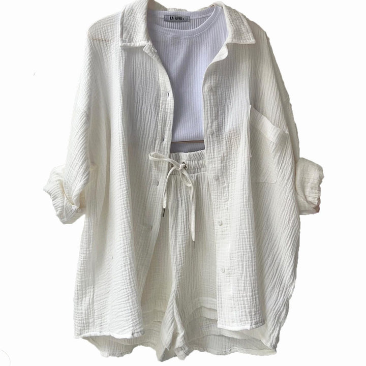Women's Relaxed Cotton Collared Shirt Loungewear Co-ord Set - White