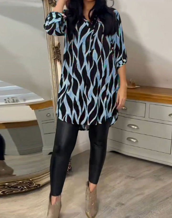 Women's Relaxed-Fit Abstract Print V-Neck Longline Blouse - Blue