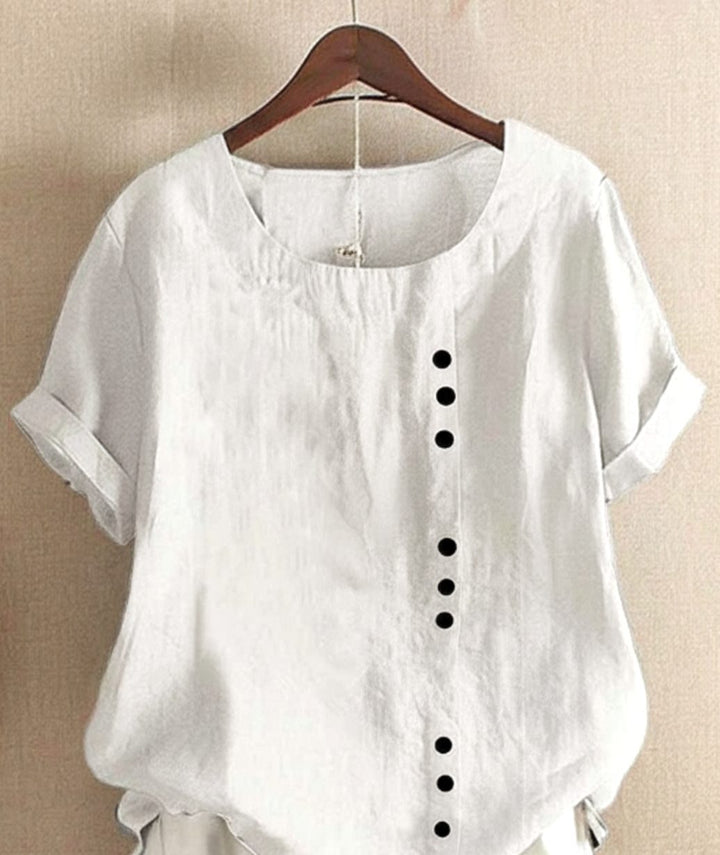 Women's Relaxed-Fit Asymmetric Button Short-Sleeve Blouse - White