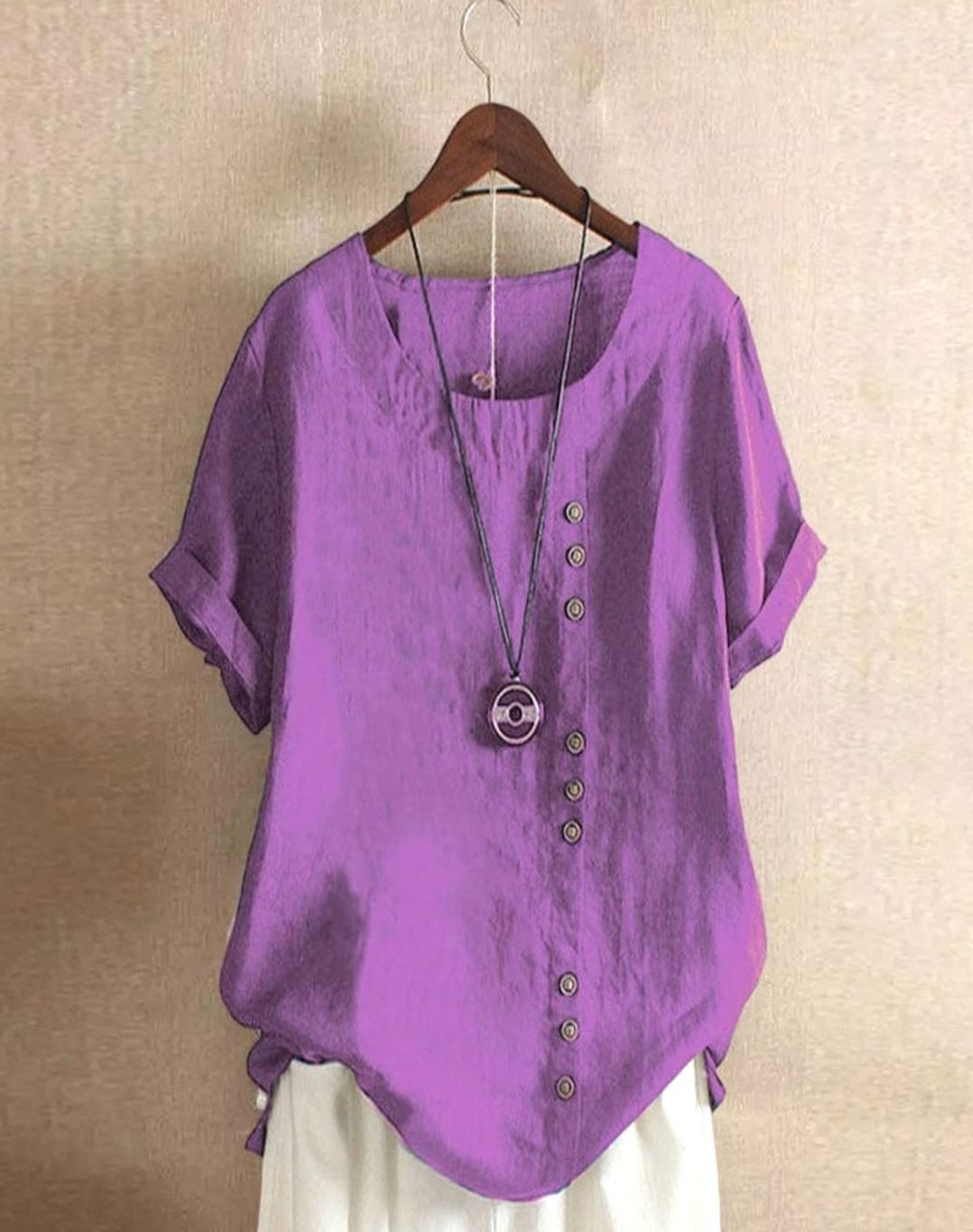 Women's Relaxed-Fit Asymmetric Button Short-Sleeve Blouse - Purple