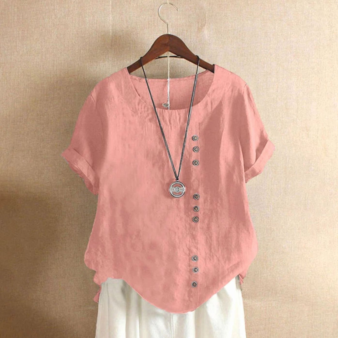 Women's Relaxed-Fit Asymmetric Button Short-Sleeve Blouse - Pink