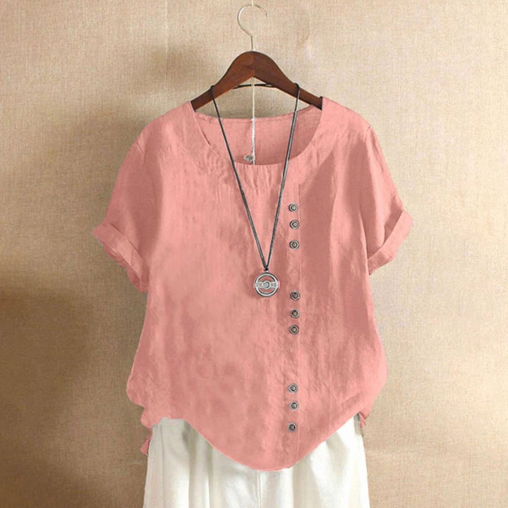 Women's Relaxed-Fit Asymmetric Button Short-Sleeve Blouse - Pink