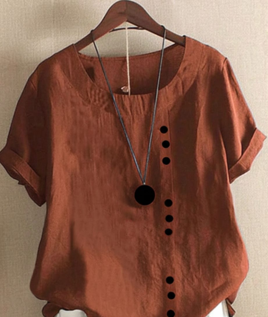 Women's Relaxed-Fit Asymmetric Button Short-Sleeve Blouse - Brown