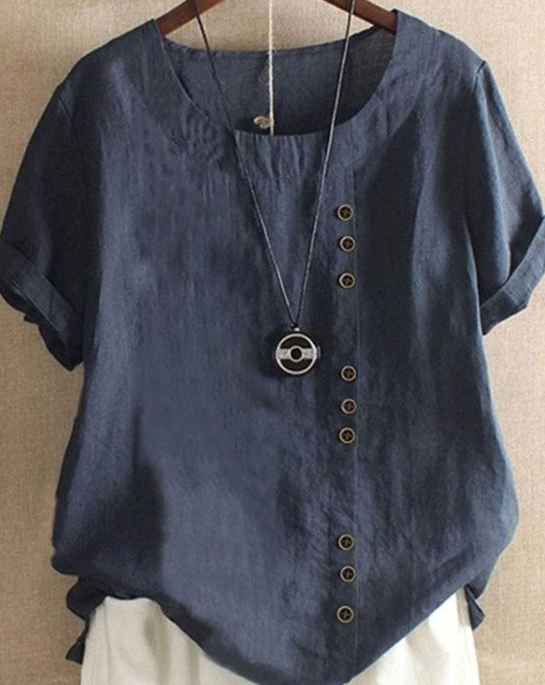 Women's Relaxed-Fit Asymmetric Button Short-Sleeve Blouse - Dark Blue