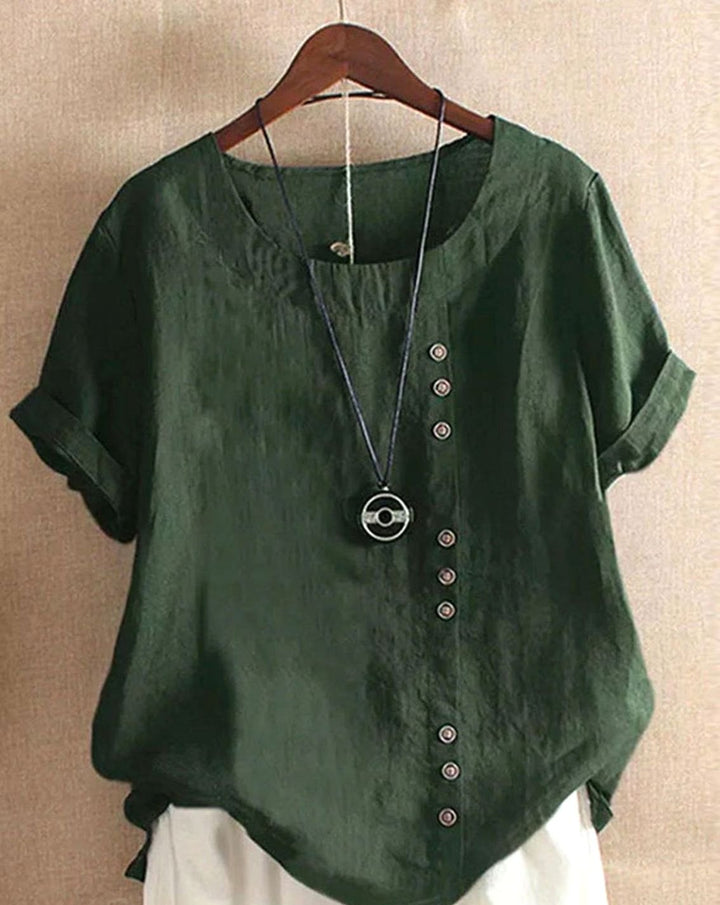 Women's Relaxed-Fit Asymmetric Button Short-Sleeve Blouse - Green