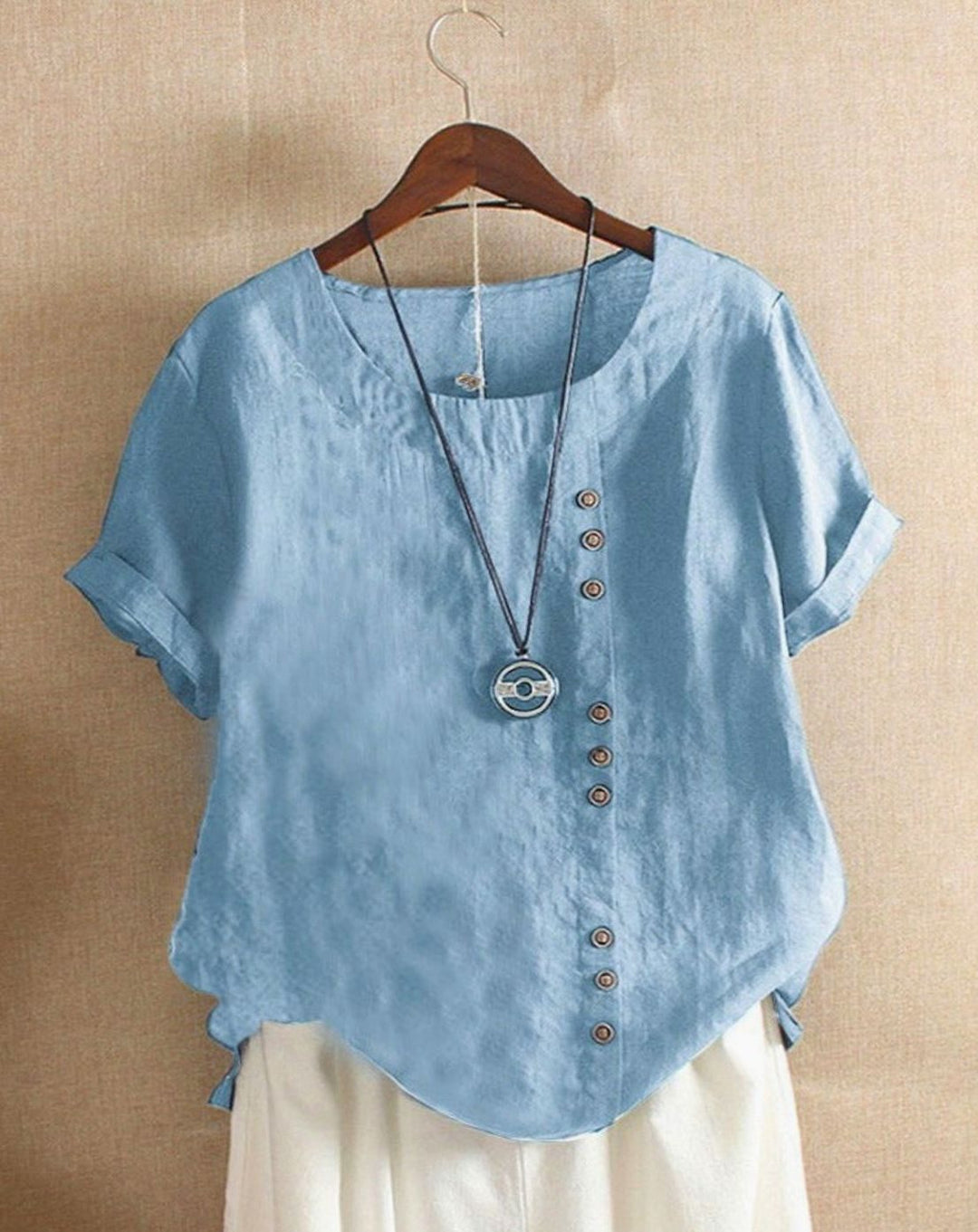 Women's Relaxed-Fit Asymmetric Button Short-Sleeve Blouse - Sky Blue