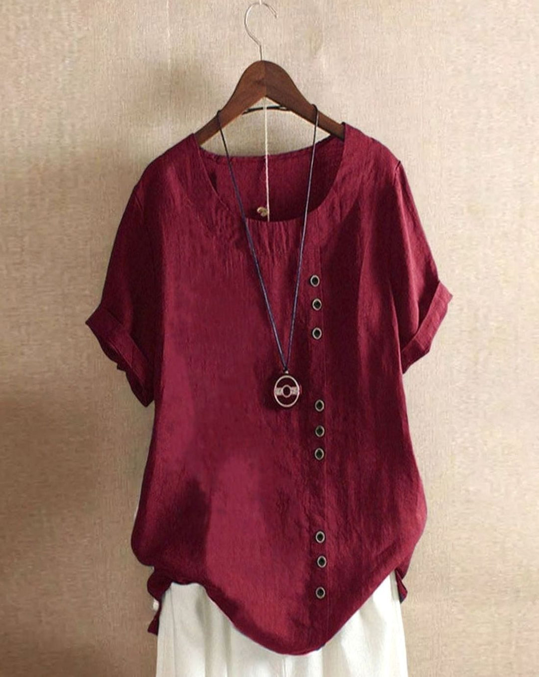 Women's Relaxed-Fit Asymmetric Button Short-Sleeve Blouse - Burgundy
