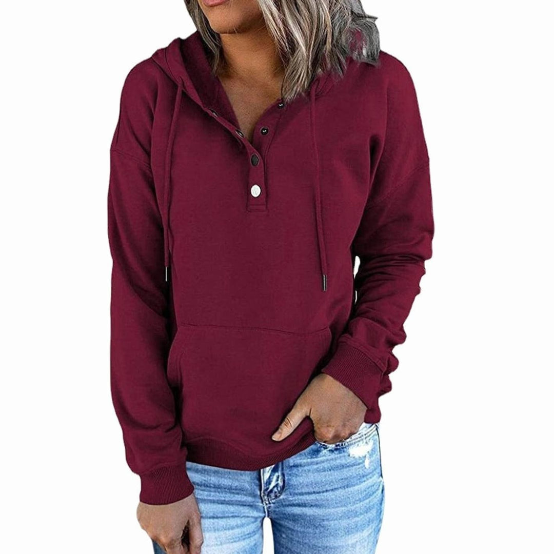 Women's Relaxed-Fit Button-Neck Drawstring Hoodie - Burgundy