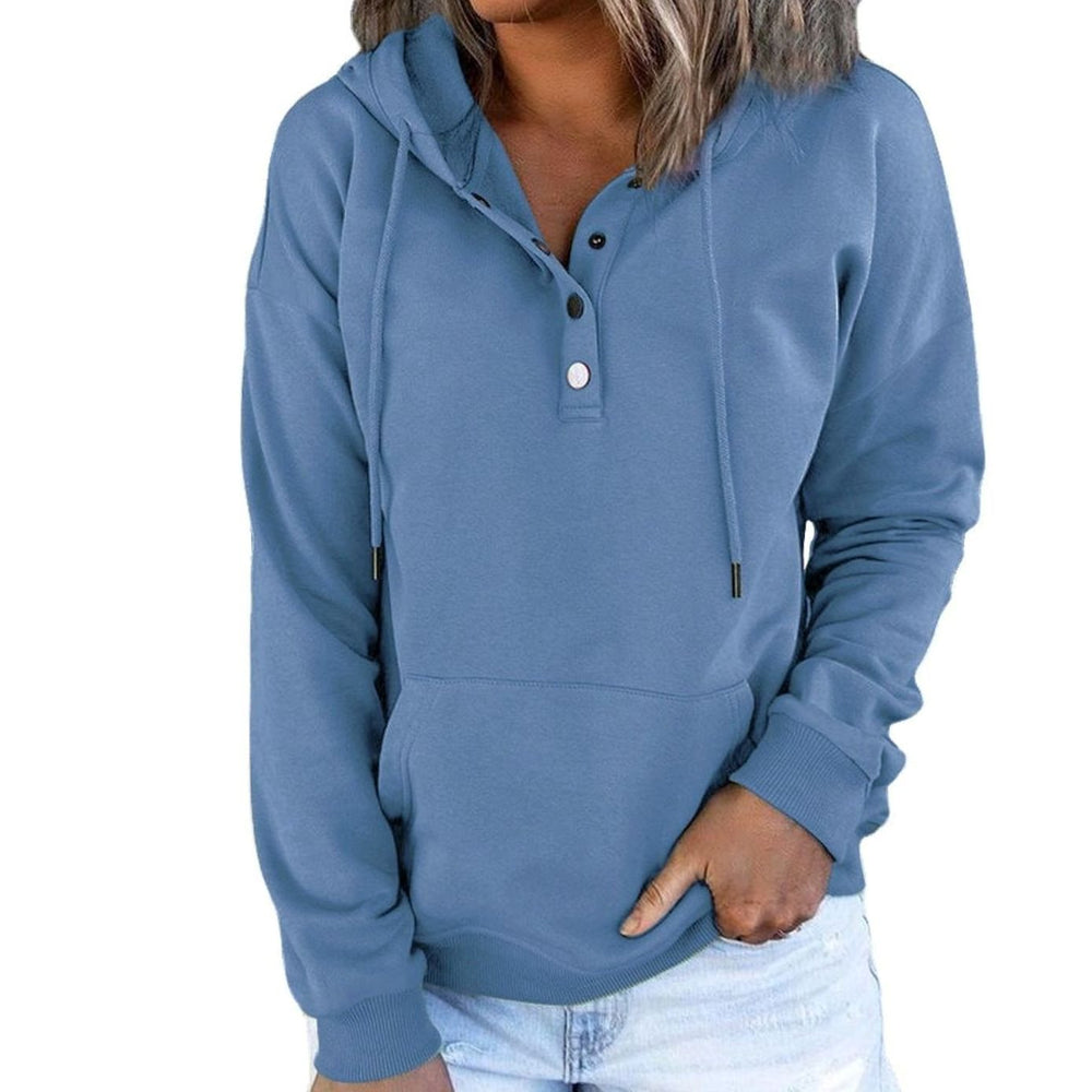 Women's Relaxed-Fit Button-Neck Drawstring Hoodie - Blue