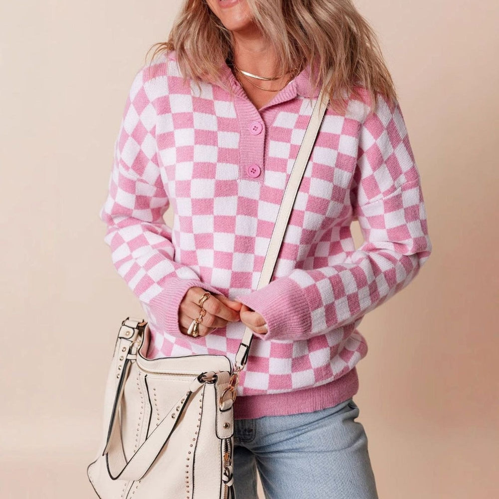 Women's Relaxed-Fit Checked Button-Collar Knit Jumper