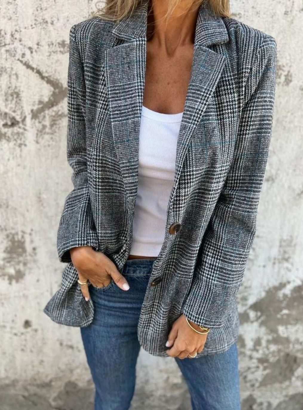 Women's Relaxed-Fit Checked Cotton Lapel Blazer - Black