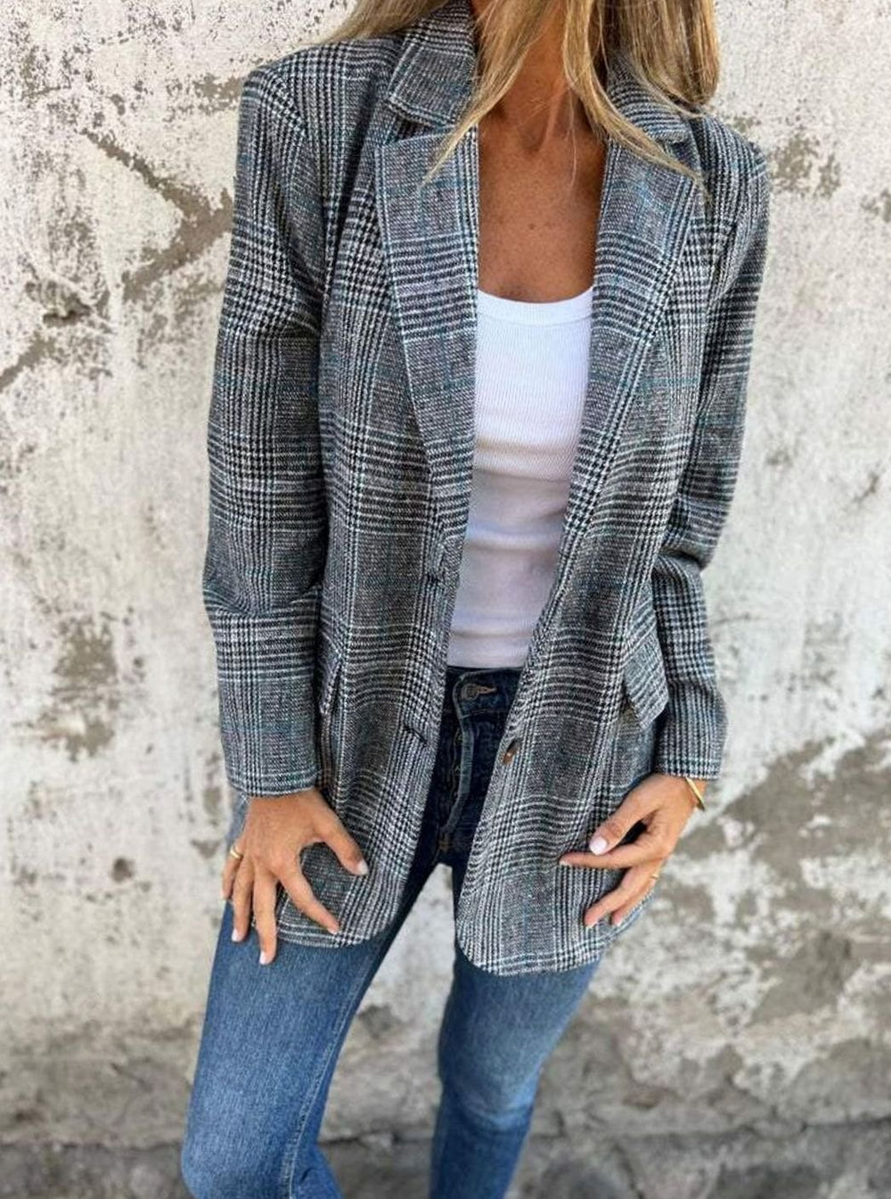 Women's Relaxed-Fit Checked Cotton Lapel Blazer