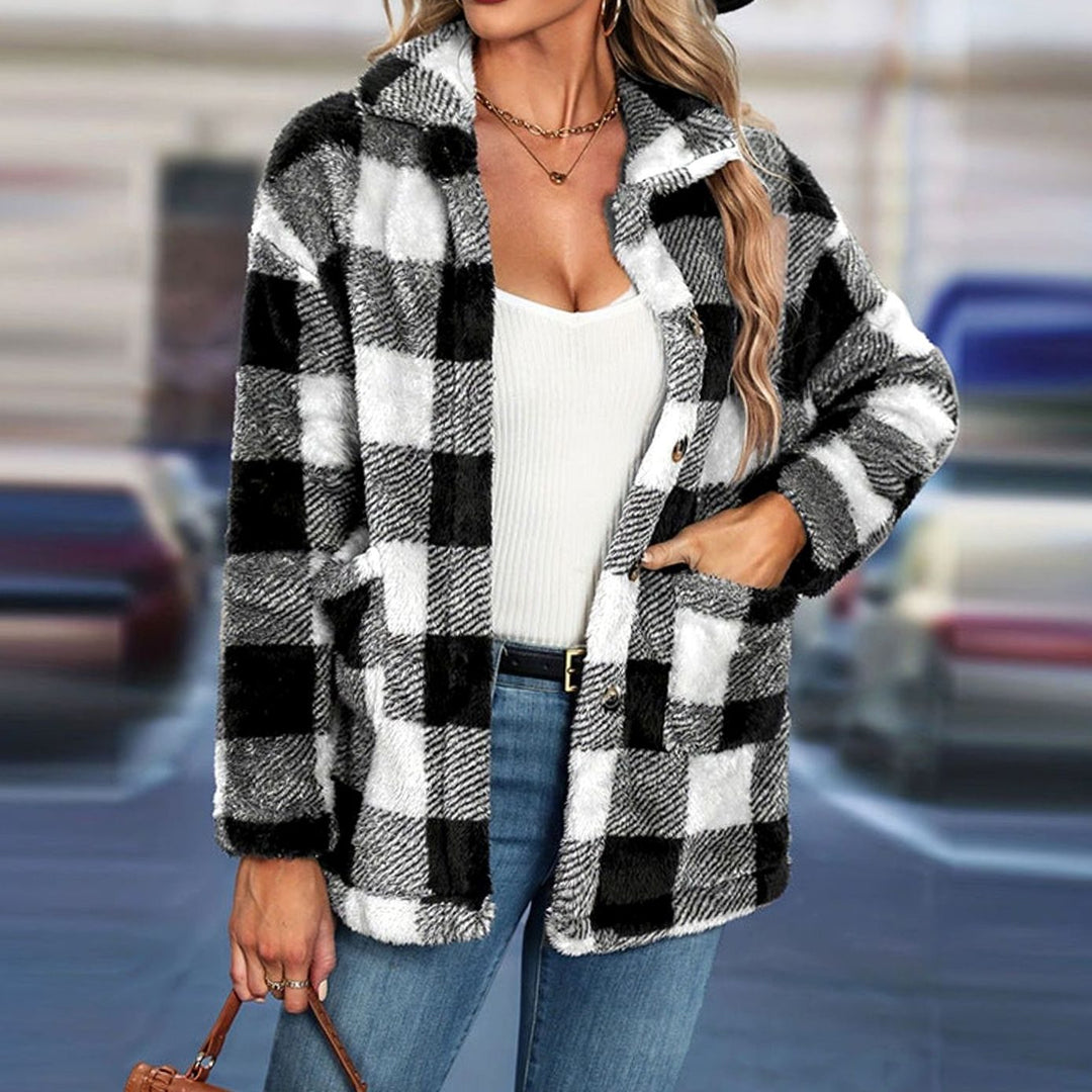 Women's Relaxed-Fit Checked Fleece Button-Up Jacket