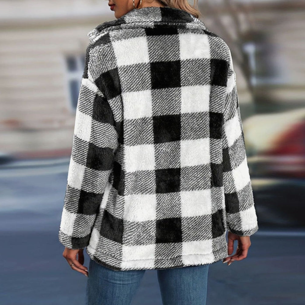Women's Relaxed-Fit Checked Fleece Button-Up Jacket