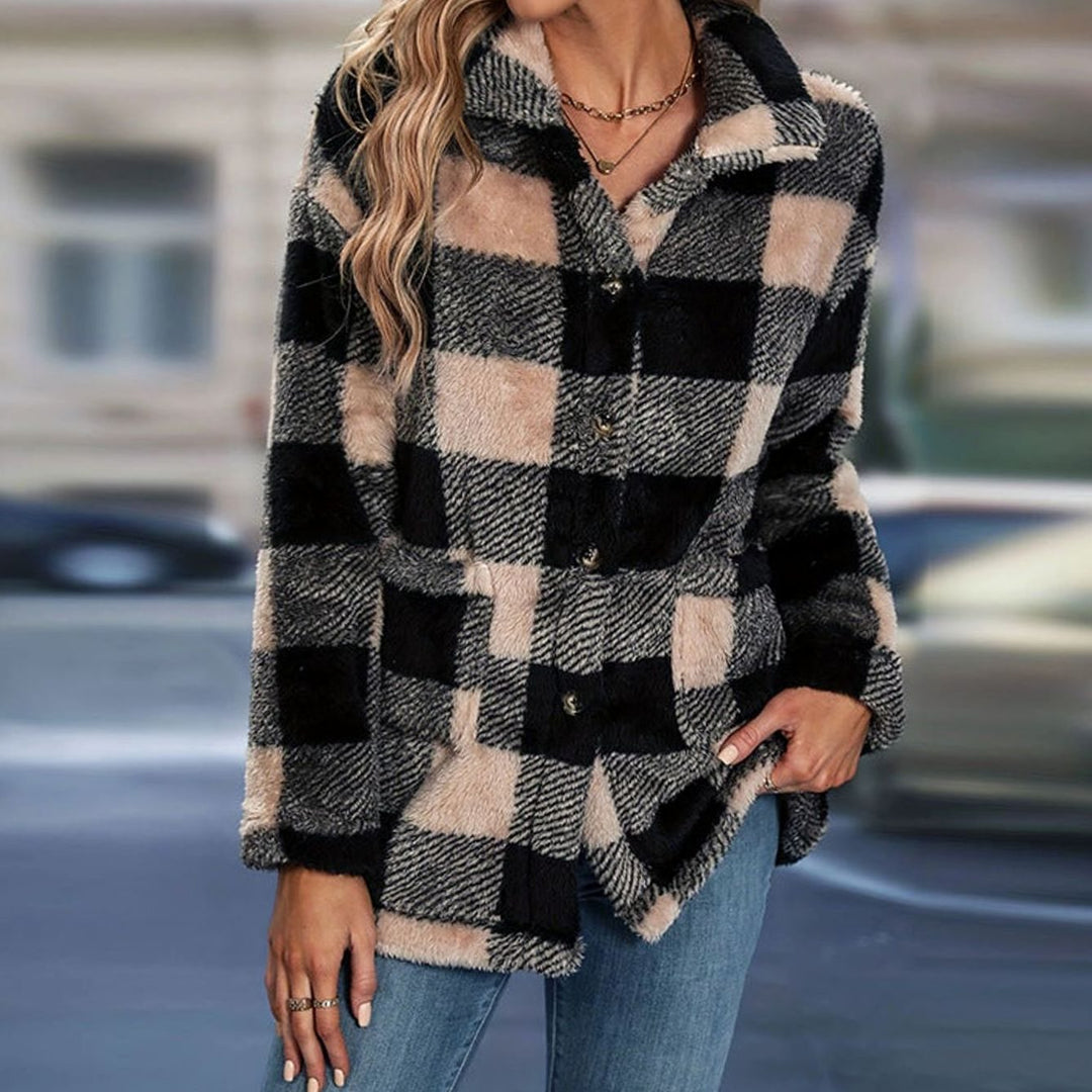 Women's Relaxed-Fit Checked Fleece Button-Up Jacket