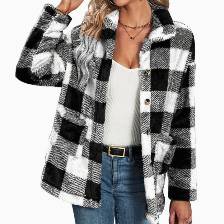 Women's Relaxed-Fit Checked Fleece Button-Up Jacket