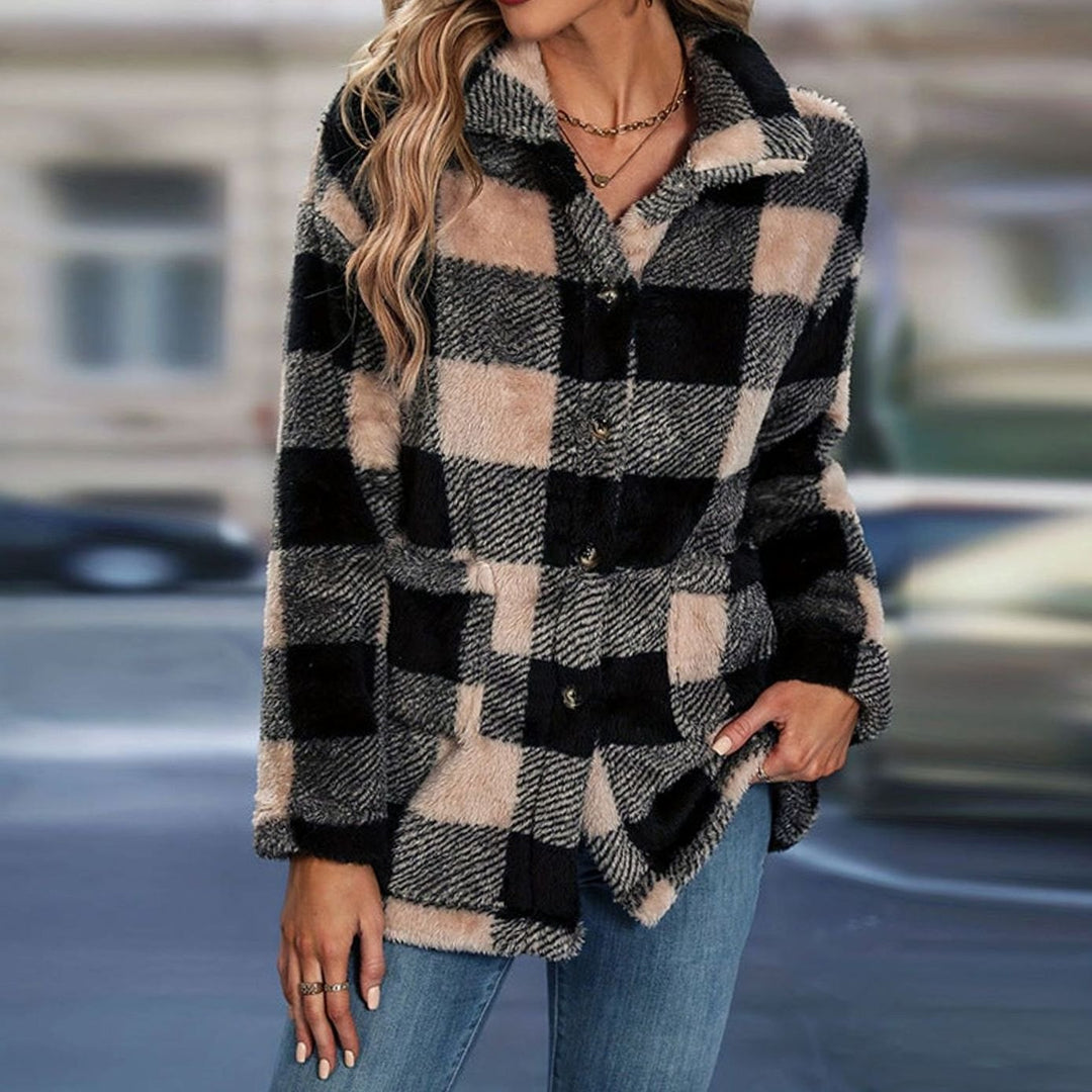 Women's Relaxed-Fit Checked Fleece Button-Up Jacket - Light Orange