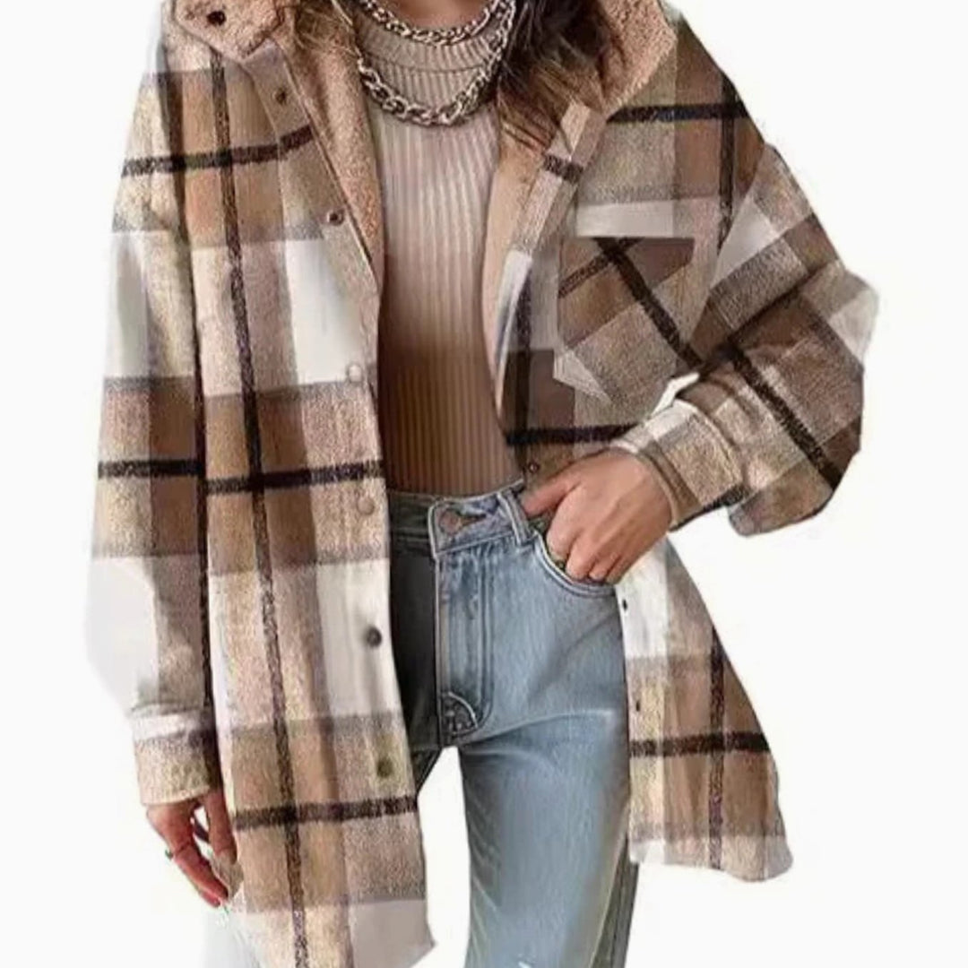 Women's Relaxed-Fit Checked Fleece-Lined Hooded Shacket - Khaki